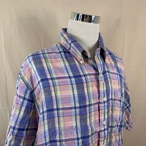 Brooks Brothers 3XL Baird McNutt Irish Linen Shirt Blue Pink Plaid Short Sleeve